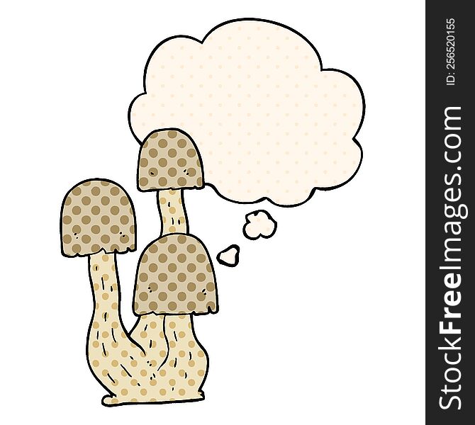 cartoon mushroom with thought bubble in comic book style