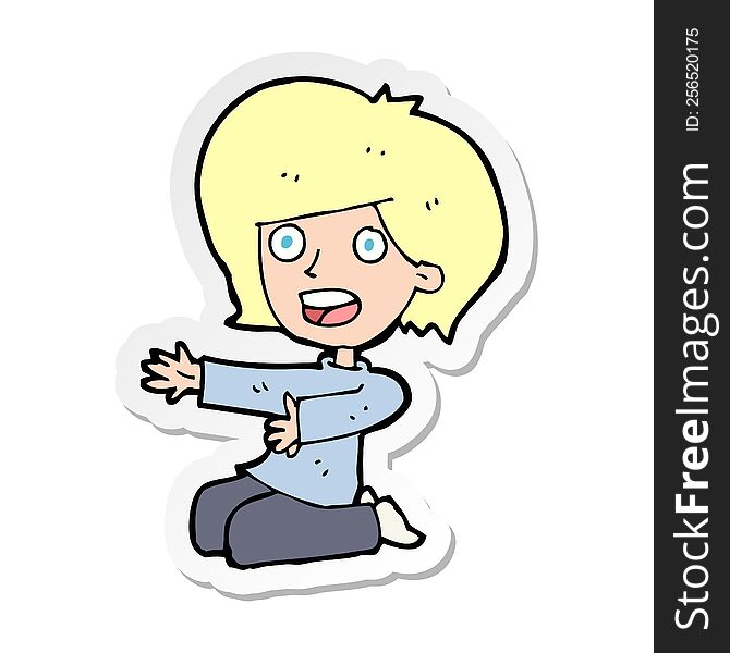 sticker of a cartoon shocked woman on knees