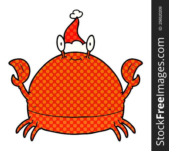 hand drawn comic book style illustration of a crab wearing santa hat