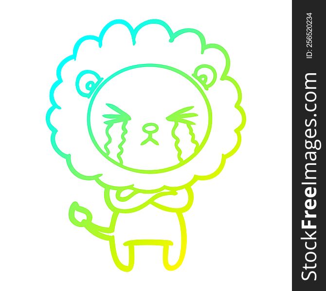 Cold Gradient Line Drawing Cartoon Crying Lion With Crossed Arms