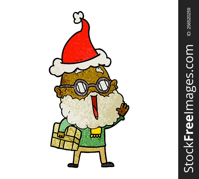 Textured Cartoon Of A Joyful Man With Beard And Parcel Under Arm Wearing Santa Hat