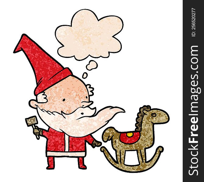 Cartoon Santa Making Toy And Thought Bubble In Grunge Texture Pattern Style