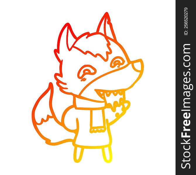 Warm Gradient Line Drawing Cartoon Hungry Wolf In Winter Clothes