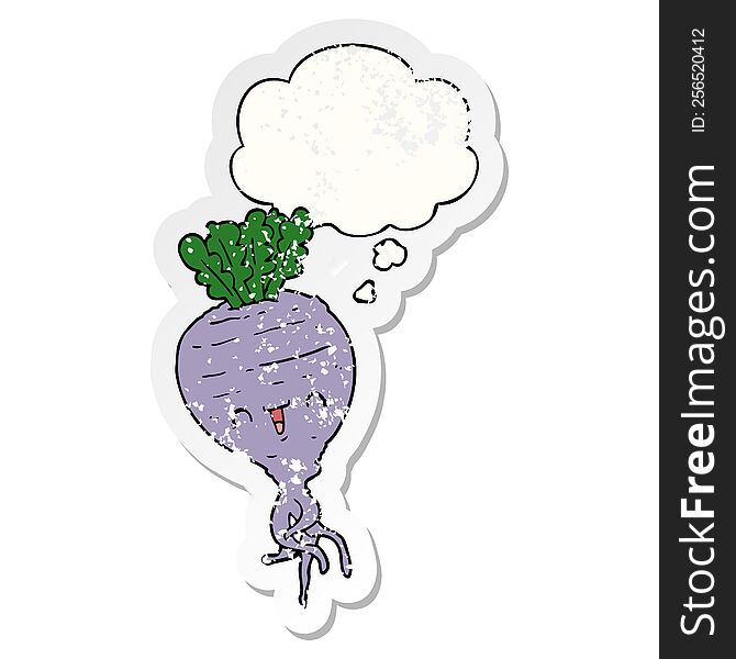 cartoon turnip with thought bubble as a distressed worn sticker
