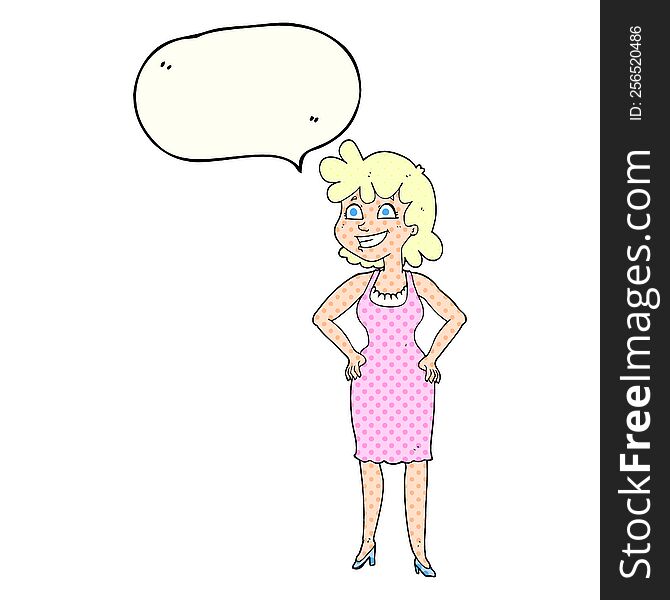 freehand drawn comic book speech bubble cartoon happy woman wearing dress