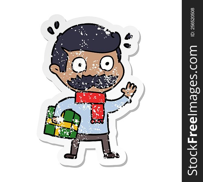 Distressed Sticker Of A Cartoon Man With Mustache And Christmas Present