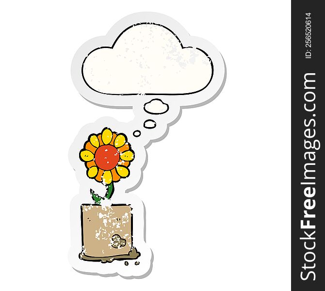 Cartoon Flower And Thought Bubble As A Distressed Worn Sticker