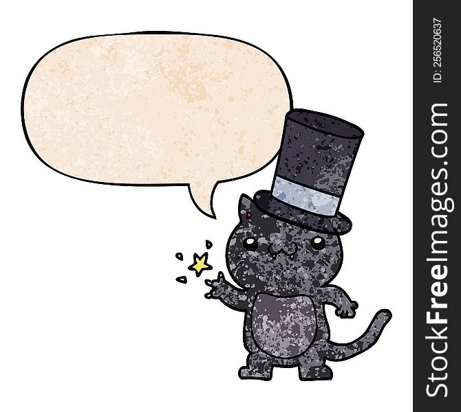 Cartoon Cat Wearing Top Hat And Speech Bubble In Retro Texture Style