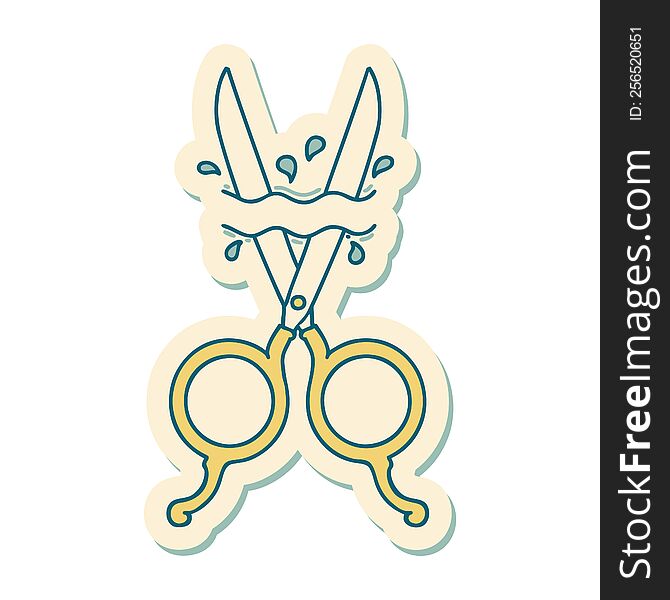 sticker of tattoo in traditional style of barber scissors. sticker of tattoo in traditional style of barber scissors