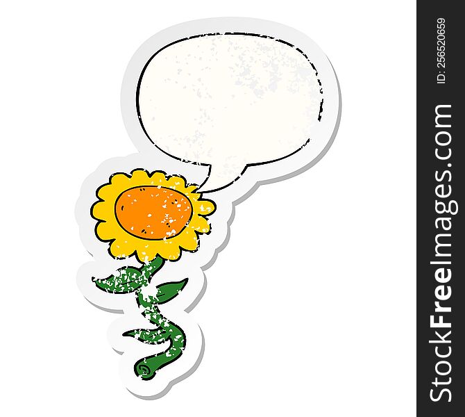 cartoon sunflower with speech bubble distressed distressed old sticker. cartoon sunflower with speech bubble distressed distressed old sticker