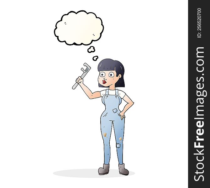 freehand drawn thought bubble cartoon female plumber