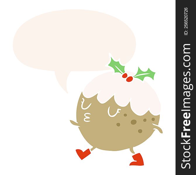 Cartoon Christmas Pudding Walking And Speech Bubble In Retro Style