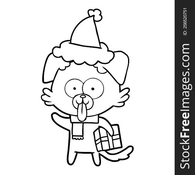 hand drawn line drawing of a dog with christmas present wearing santa hat