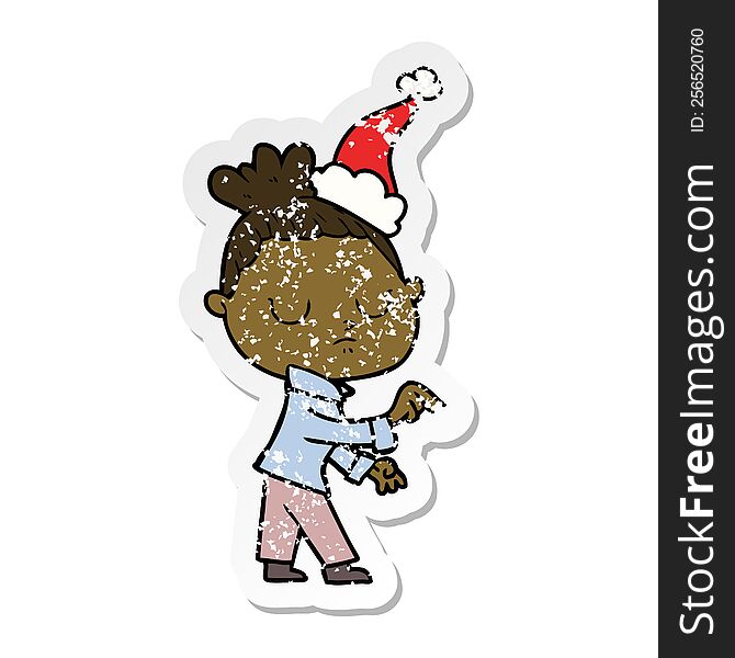 Distressed Sticker Cartoon Of A Calm Woman Wearing Santa Hat