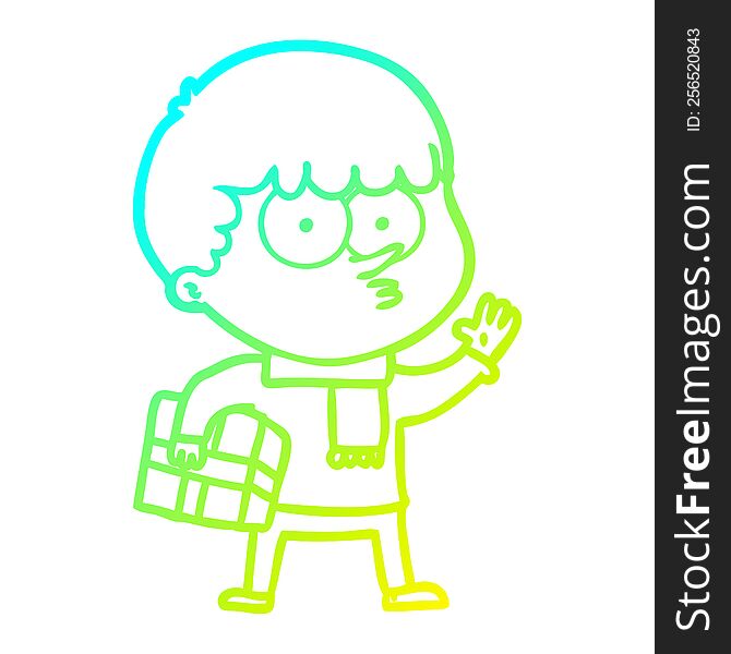 Cold Gradient Line Drawing Cartoon Curious Boy Carrying A Gift