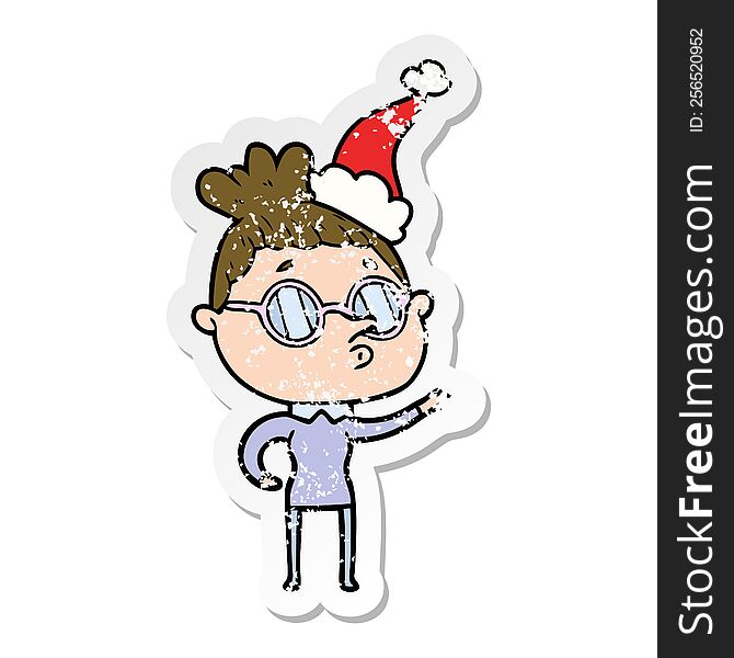 distressed sticker cartoon of a woman wearing glasses wearing santa hat