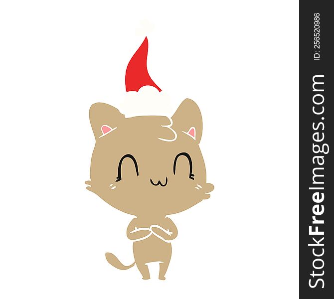 Flat Color Illustration Of A Happy Cat Wearing Santa Hat
