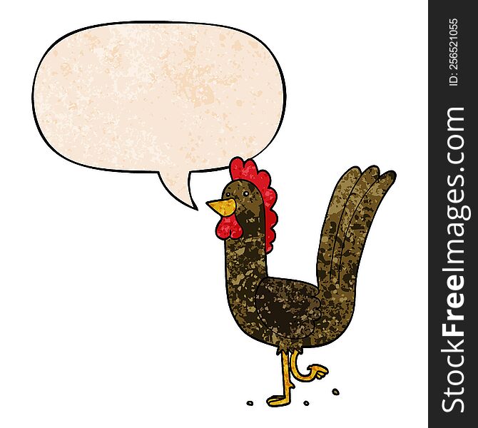 cartoon rooster with speech bubble in retro texture style