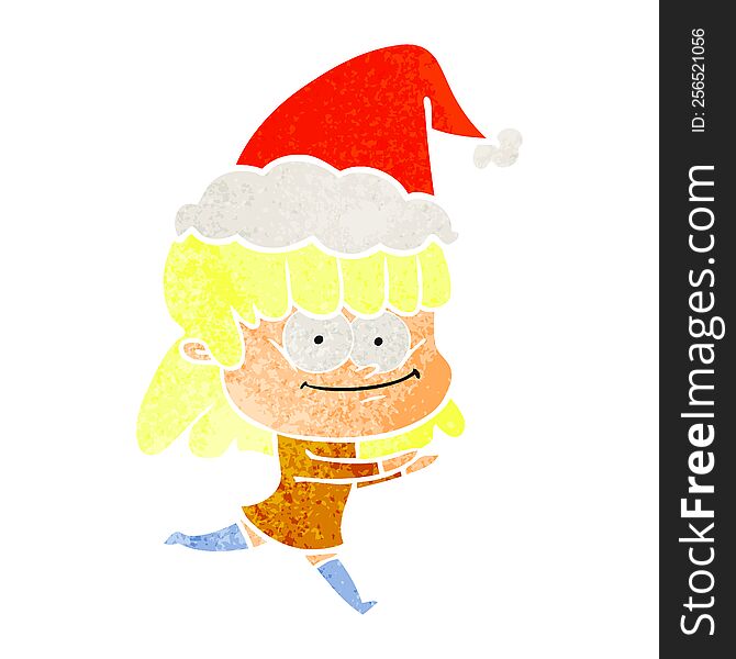 hand drawn retro cartoon of a smiling woman wearing santa hat