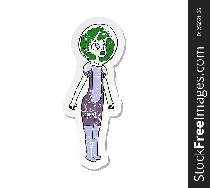 Retro Distressed Sticker Of A Cartoon Alien Space Girl