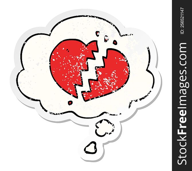 cartoon broken heart with thought bubble as a distressed worn sticker