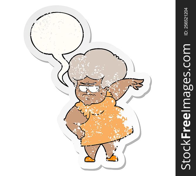 cartoon angry old woman with speech bubble distressed distressed old sticker. cartoon angry old woman with speech bubble distressed distressed old sticker