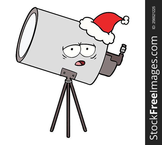 hand drawn line drawing of a bored telescope with face wearing santa hat