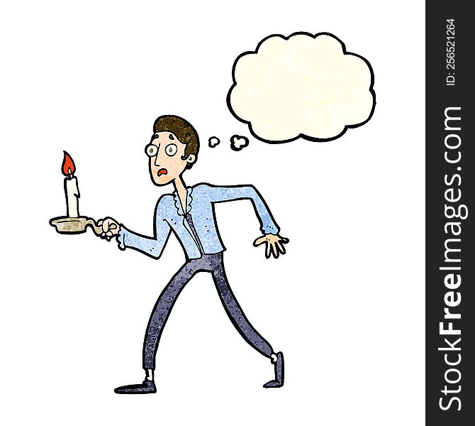 cartoon frightened man walking with candlestick with thought bubble