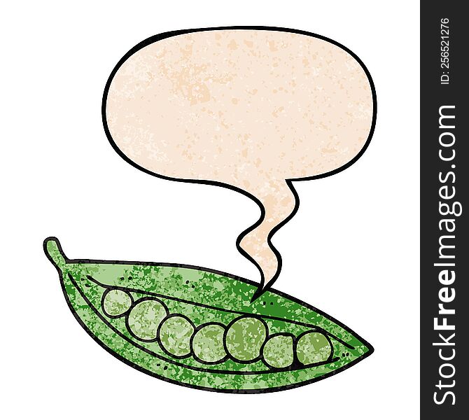cartoon peas in pod with speech bubble in retro texture style