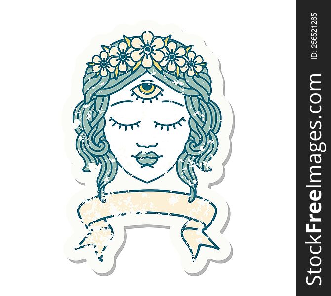 worn old sticker with banner of female face with third eye and crown of flowers. worn old sticker with banner of female face with third eye and crown of flowers