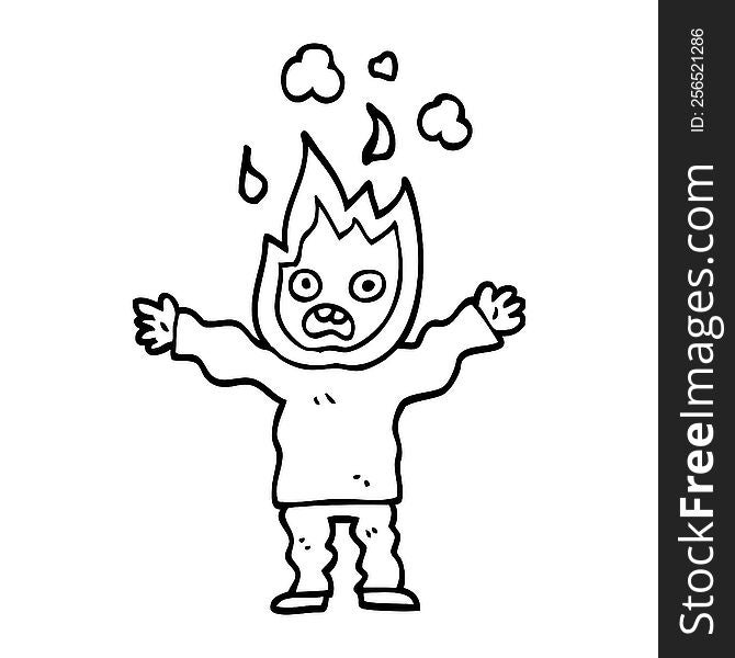 line drawing cartoon man with head on fire