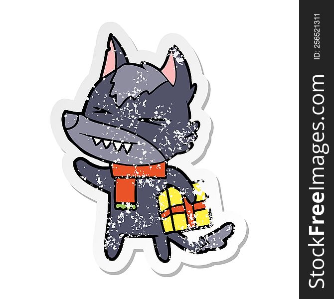 Distressed Sticker Of A Angry Christmas Wolf Cartoon