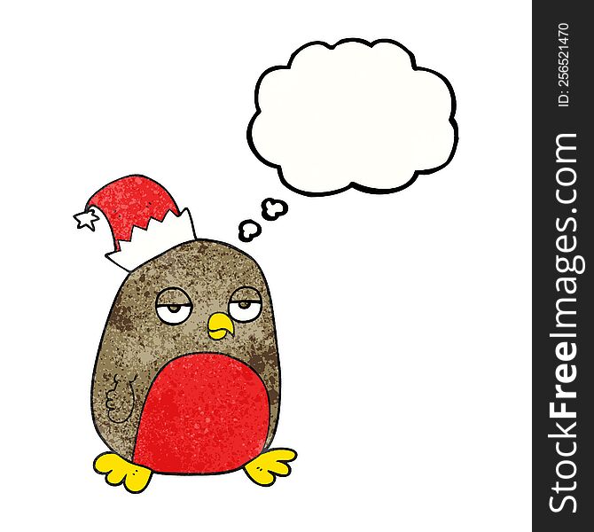 freehand drawn thought bubble textured cartoon christmas robin wearing christmas hat. freehand drawn thought bubble textured cartoon christmas robin wearing christmas hat