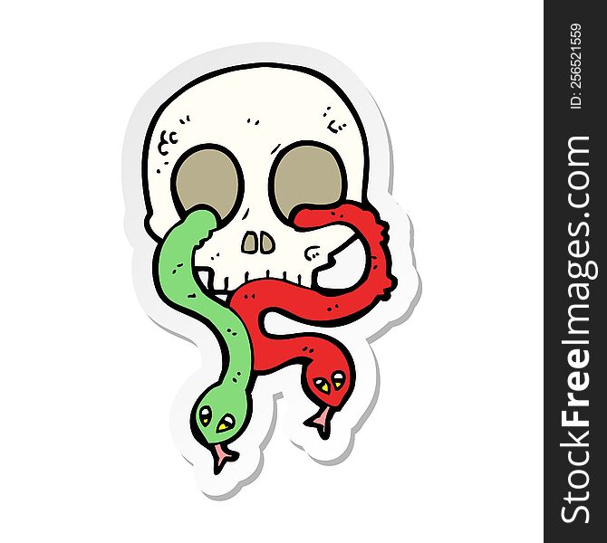 sticker of a cartoon skull with snakes