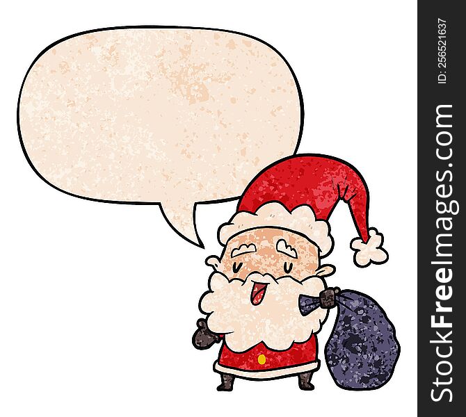 Cartoon Santa Claus Carrying Sack Of Presents And Speech Bubble In Retro Texture Style