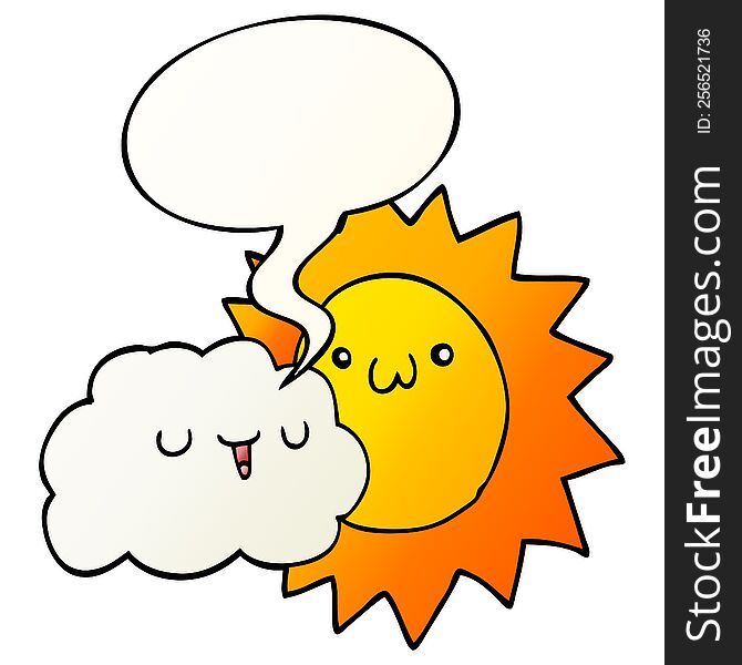 Cartoon Sun And Cloud And Speech Bubble In Smooth Gradient Style