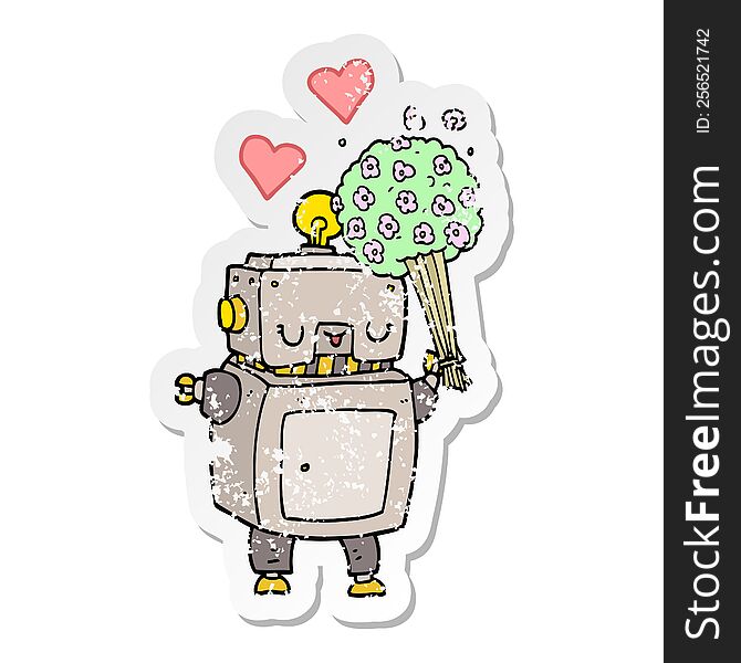 distressed sticker of a cartoon robot in love