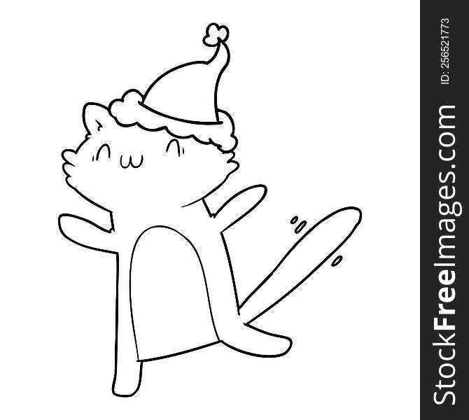 Line Drawing Of A Dancing Cat Wearing Santa Hat