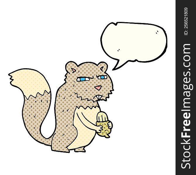 freehand drawn comic book speech bubble cartoon angry squirrel with nut