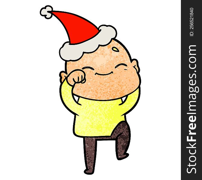 happy hand drawn textured cartoon of a bald man wearing santa hat. happy hand drawn textured cartoon of a bald man wearing santa hat