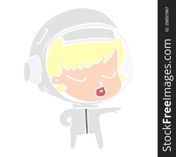 flat color style cartoon pretty astronaut girl pointing the way