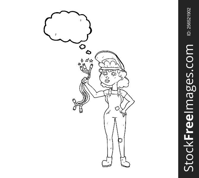 freehand drawn thought bubble cartoon electrician woman