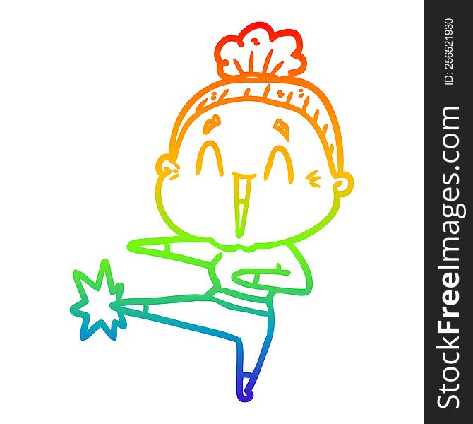 rainbow gradient line drawing of a cartoon happy old lady