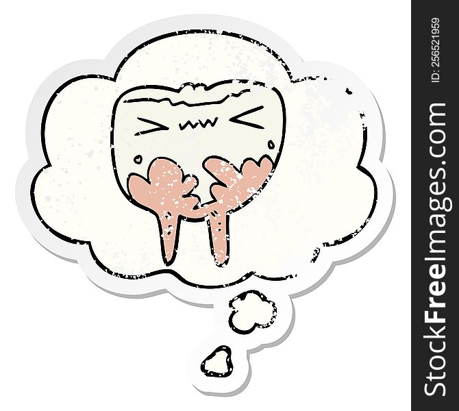 cartoon bad tooth with thought bubble as a distressed worn sticker