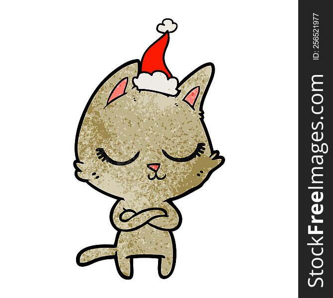 Calm Textured Cartoon Of A Cat Wearing Santa Hat