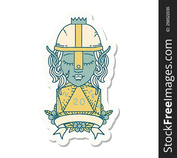 sticker of a elf fighter with natural 20 dice roll. sticker of a elf fighter with natural 20 dice roll