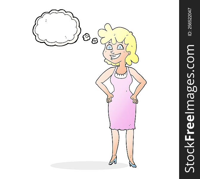 Thought Bubble Cartoon Happy Woman Wearing Dress