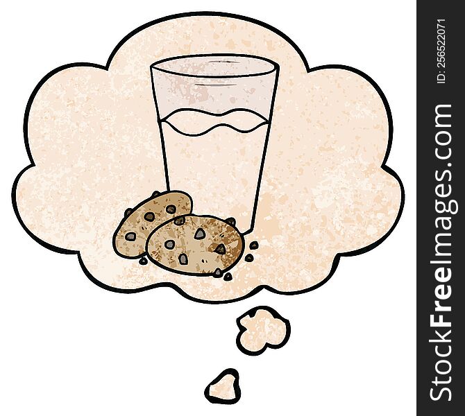 Cartoon Cookies And Milk And Thought Bubble In Grunge Texture Pattern Style