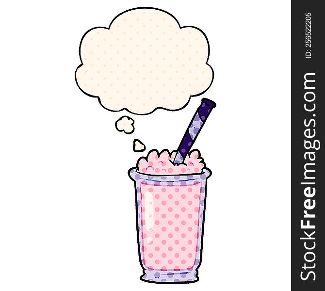 cartoon milkshake with thought bubble in comic book style
