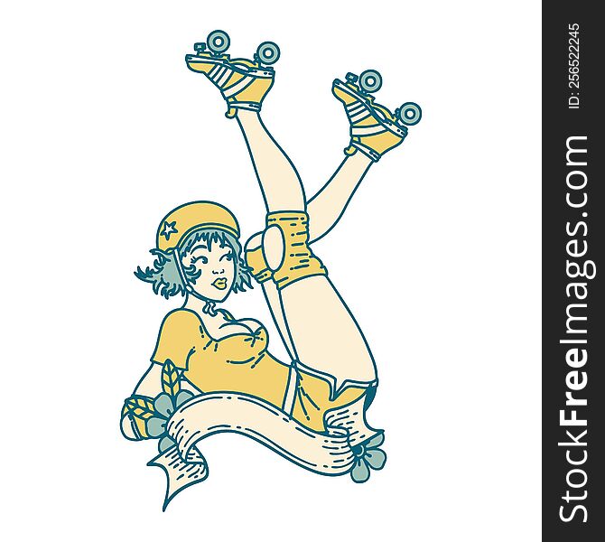 tattoo in traditional style of a pinup roller derby girl with banner. tattoo in traditional style of a pinup roller derby girl with banner